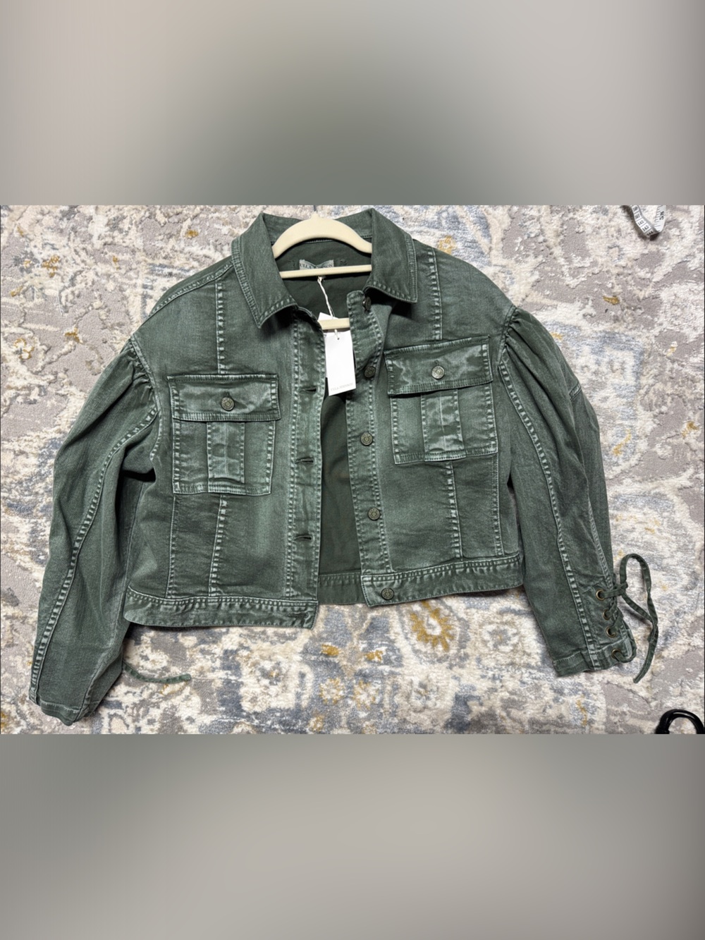 Ulla Johnson Cropped Olive Denim Jacket with Puff Sleeves and Side Ties